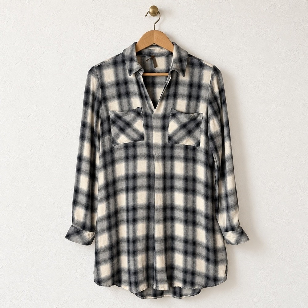 Stetson Plaid Tunic Women Small Black Ivory Collared Shirt Western Ranchwear
